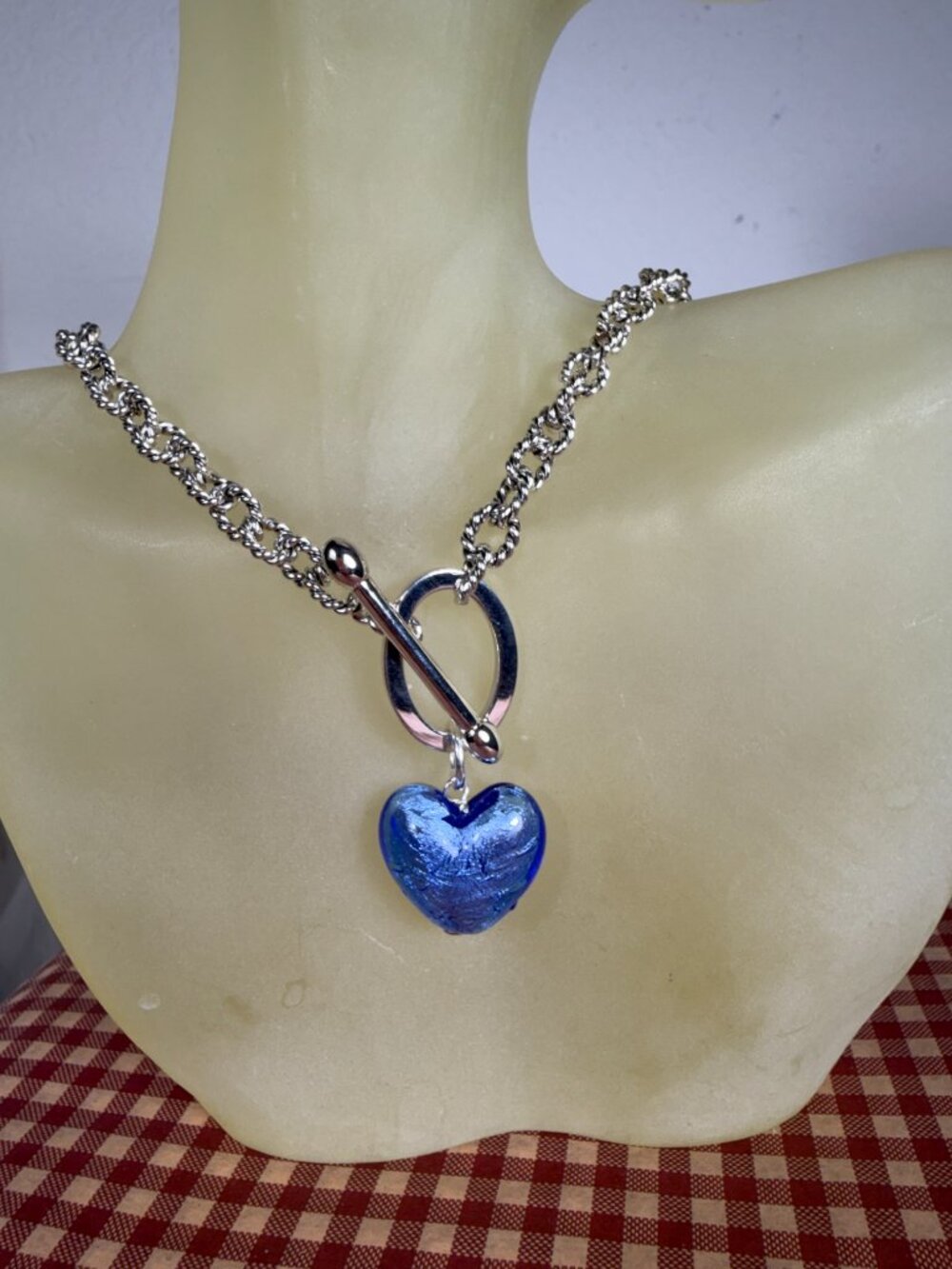 NEW Real Silver (not plated) Toggle Necklace with Dangling Murano Glass Heart